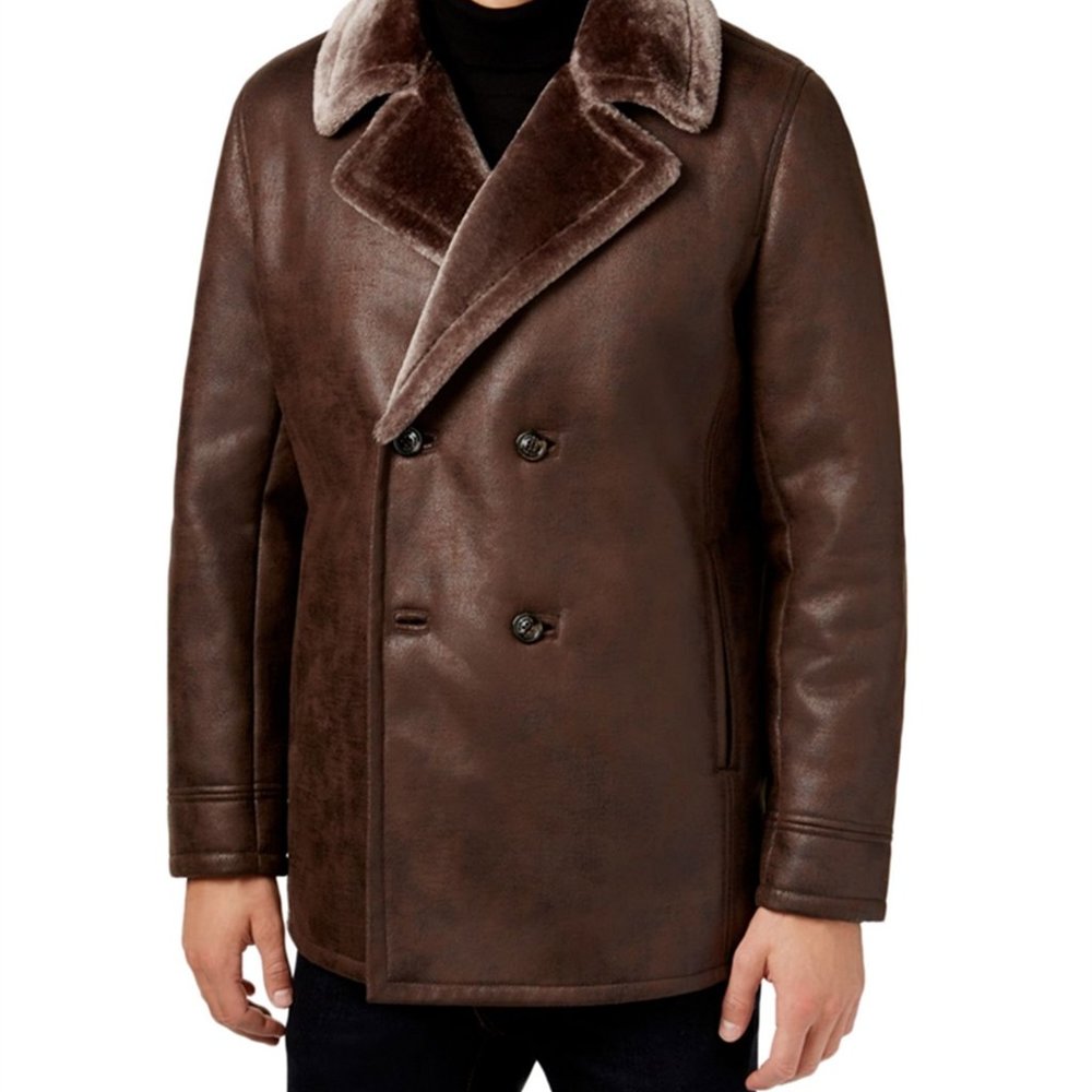 Tasso Elba Mens Faux Fur Lined Pea Coat, brown